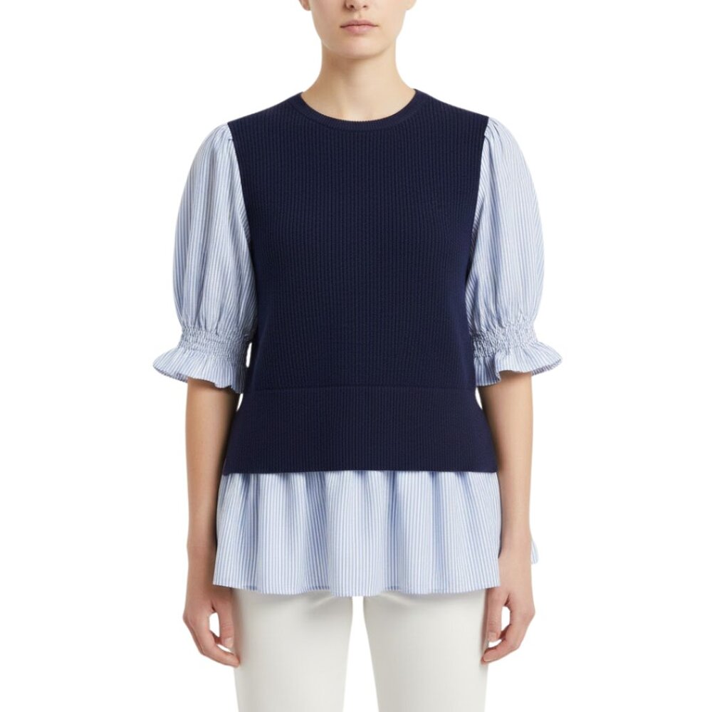 Draper James RSVP Mixed Media Puff Sleeve Knit Top Navy Stripe Contrast – L
